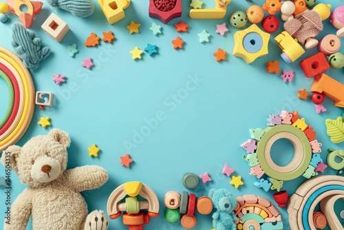 Baby kids toy frame background. Teddy bear, colorful wooden educational, sensory, sorting and stacking toys for children on light blue background. Generative AI