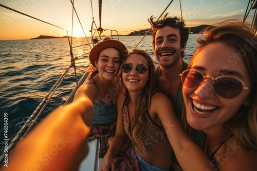 Group of friends having fun in luxury yach boat. Young men and women enjoy travel, vacation, travel on boat yacht sailing in sea, ocean at sunset on summer. Generative AI