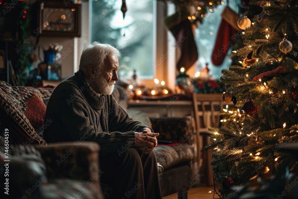 Solitude, loneliness during Christmas holidays. Sad elderly man sitting on sofa near decorated Christmas tree at home. Lonely senior man celebrating Christmas alone, Generative AI