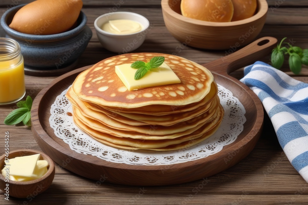 A large stack of Russian pancakes with jam or caramel. A traditional dish of Russian cuisine. A large stack of Russian pancakes with jam or caramel. A traditional dish of Russian cuisine.