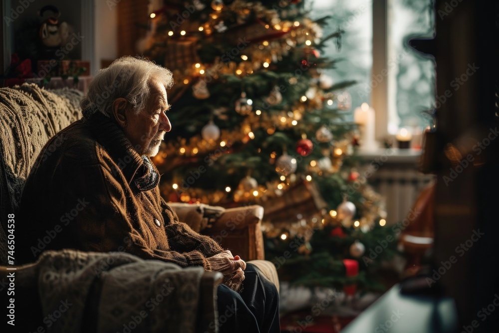 Solitude, loneliness during Christmas holidays. Sad elderly man sitting on sofa near decorated Christmas tree at home. Lonely senior man celebrating Christmas alone, Generative AI