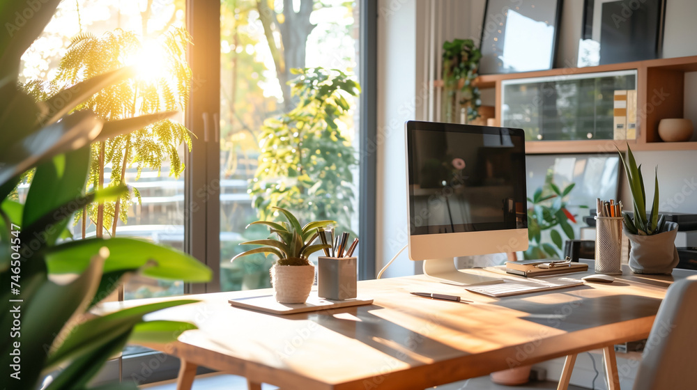 A luminous, modern home office with a large wooden desk, ergonomic seating, verdant houseplants, and panoramic windows inviting natural light.
