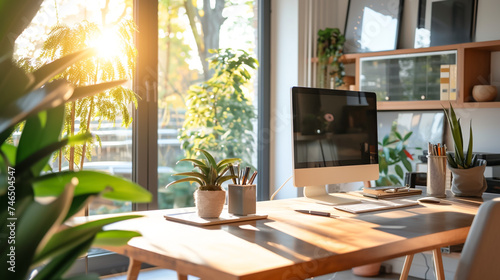 A luminous, modern home office with a large wooden desk, ergonomic seating, verdant houseplants, and panoramic windows inviting natural light.