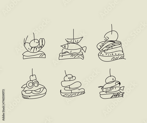 Finger food vector drawings. Food appetizer and snack sketch. Canapes. Suitable for banner, poster, label, menu, flyer. Food