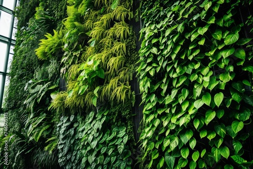 Green architecture. Green wall with plants growing inside building. Sustainable green living in urban city. Eco friendly building with vertical garden, Generative AI