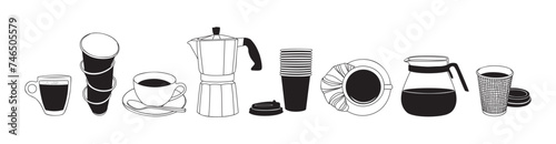 Set of different coffee elements, paper Coffee cups take away, glass cup, porcelain cup, coffee pot. Collection of Hand drawn doodle line art vector illustrations isolated on transparent background. photo