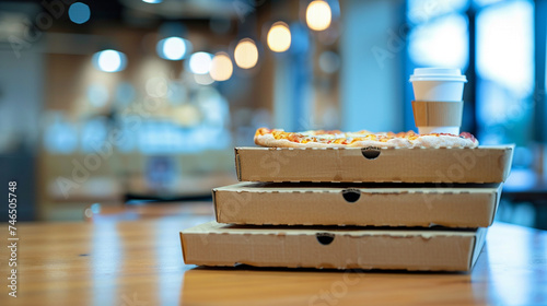A stack of pizza boxes and takeaway coffee cups on a conference table, evidence of a team working late, blurred background, with copy space © Катерина Євтехова