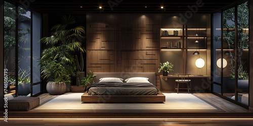 Modern bedroom with white walls wooden walls and a black plant . 