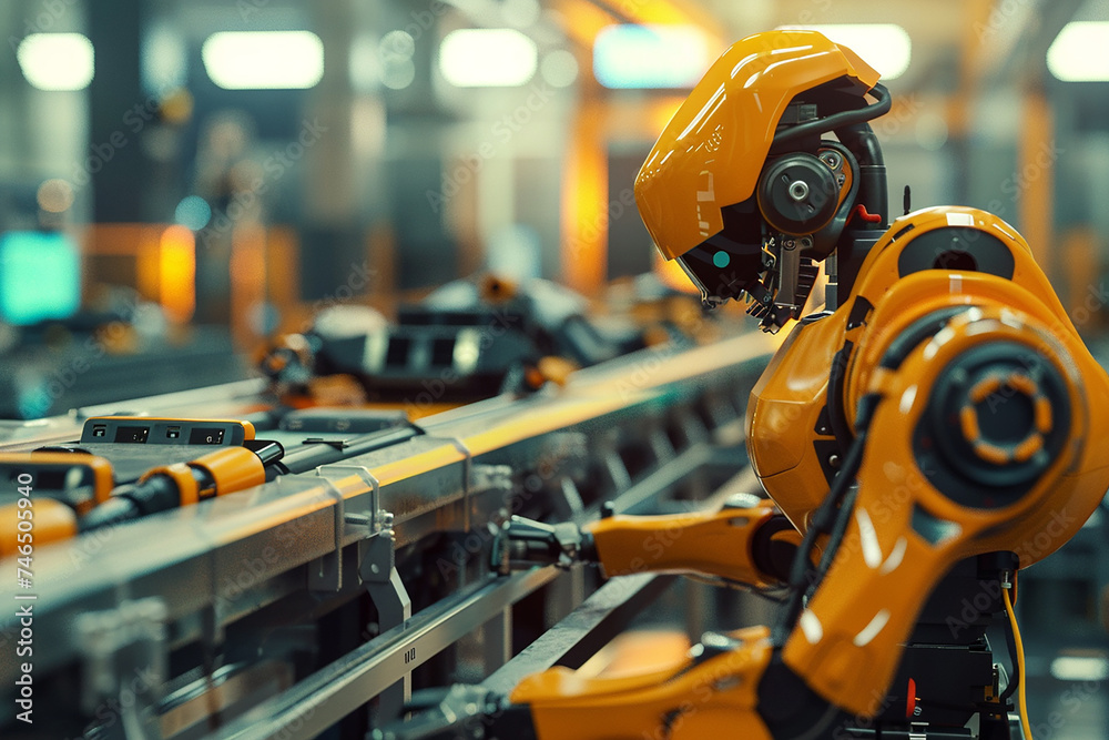 3D Robot on production line in a factory, industrial concept.