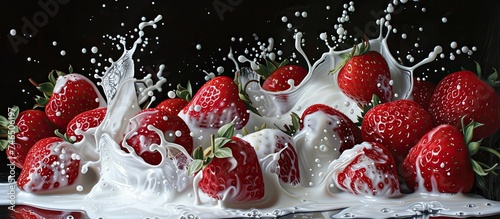 A group of mouthwatering strawberries are captured mid-splash as they descend into a glass of sensational milk. The vibrant red fruits contrast beautifully with the creamy white liquid, creating a