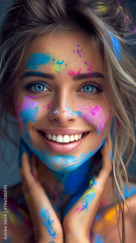 Joyful Woman with Colorful Paint Splashes Joyful Woman with Colorful Paint Splashes