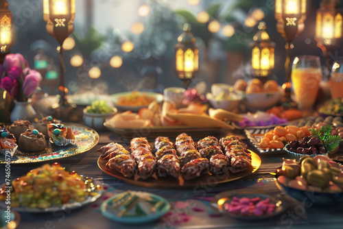 Arabic Iftar Feast with Traditional Foods and Lanterns