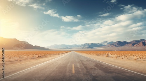 Empty asphalt road in the desert. Long straight asphalt road leading to the desert photo
