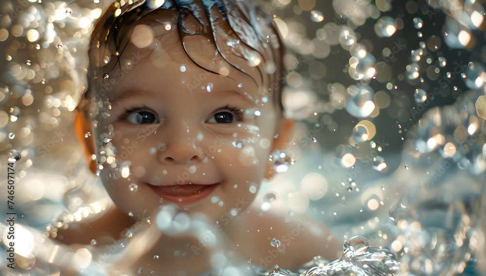 Close up portrait of cute baby smiling enjoying a bubbly bath Close up portrait of cute baby smiling enjoying a bubbly bath