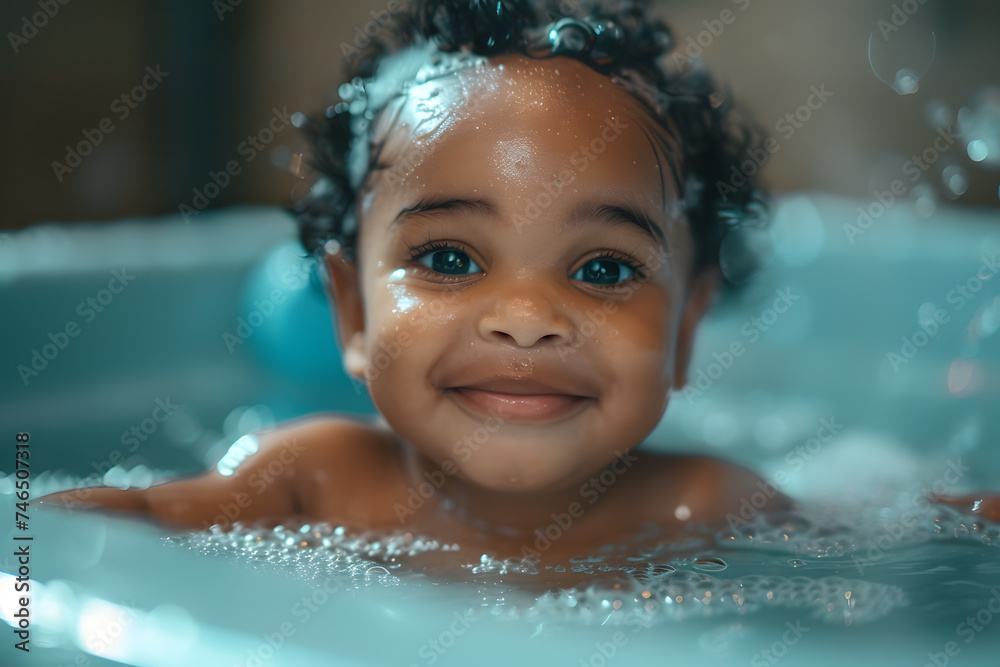 Close up portrait of cute African baby smiling enjoying a bubbly bath