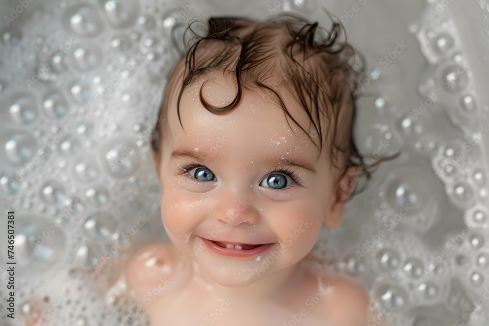 Close up portrait of cute baby smiling enjoying a bubbly bath Close up portrait of cute baby smiling enjoying a bubbly bath