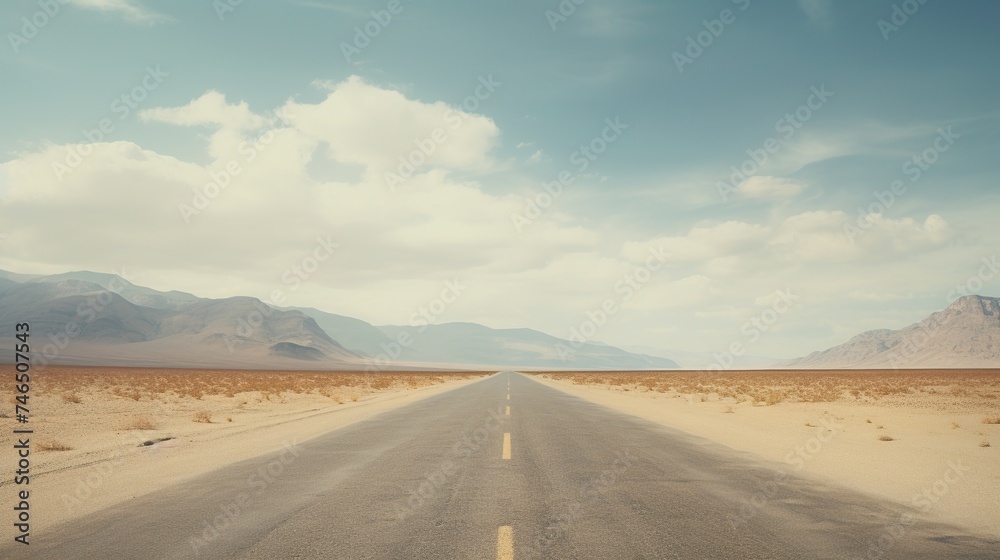 Empty asphalt road in the desert. Long straight asphalt road leading to the desert