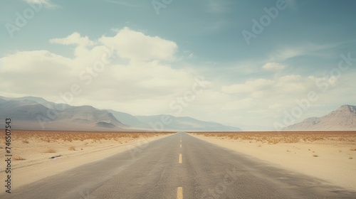 Empty asphalt road in the desert. Long straight asphalt road leading to the desert © vanzerim