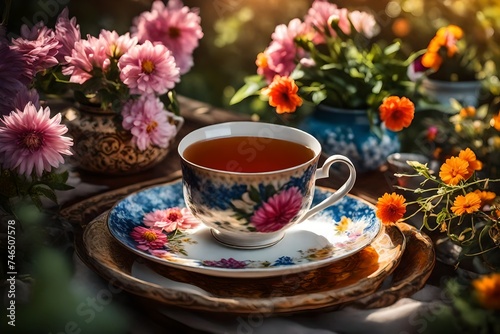 Relaxing moment with a cup of hot tea and a beautiful plate of vibrant flowers on a sunny afternoon