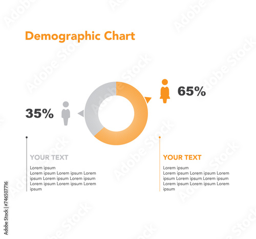 Marketing vector infographic template. Gender demography. Male female targeting percents. Human silhouette. Market strategy.