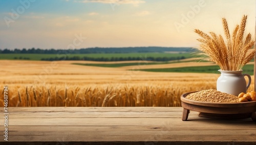 Rustic table with wheat field background. Traditional holidays are mocked up for product design and appearance