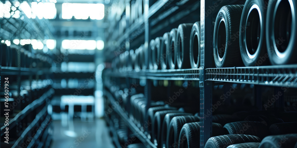 Warehouse Tire Storage background. New car tires assortment arranged on racks in a large warehouse.