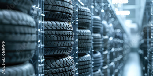 Warehouse Tire Storage background. New car tires assortment arranged on racks in a large warehouse.