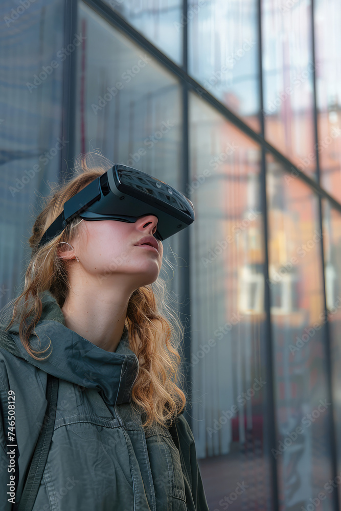 Young Woman wearing VR headset Technology in Urban city street. Virtual reality glasses gadget, copy space.