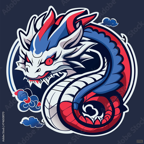 japanese dragon tattoo, blue ink illustration, red highlights, very detailed, loose drawing, noir feel, ukiyo-e, tattoo vector illustration, flat white background, sticker