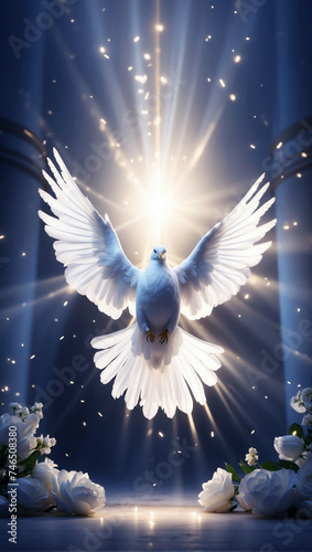 holy spirit white dove with divine rays of light like symbol of religion, peace and spirituality