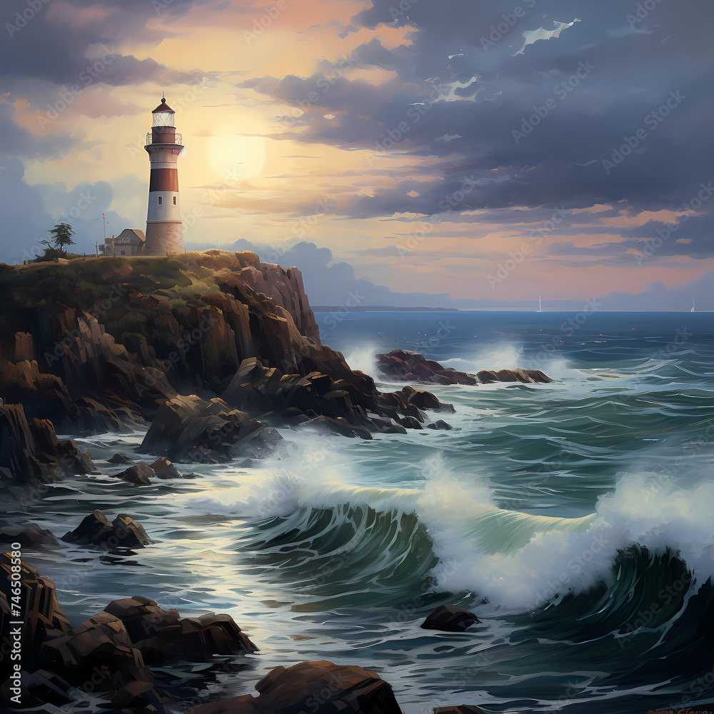 A tranquil seascape with a lighthouse on a rocky cliff