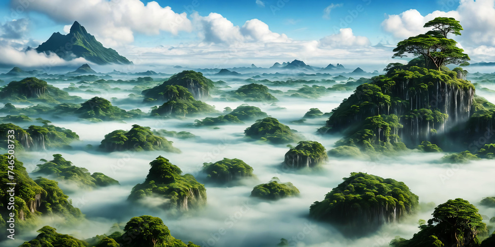 Floating Isles. Above a sea of clouds, islands drift like dreamscapes.