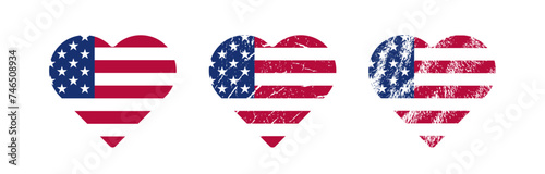 Retro style heart shape american flag set vector illustration. Usa freedom flag to use in 4th july independence day, memorial day projects.