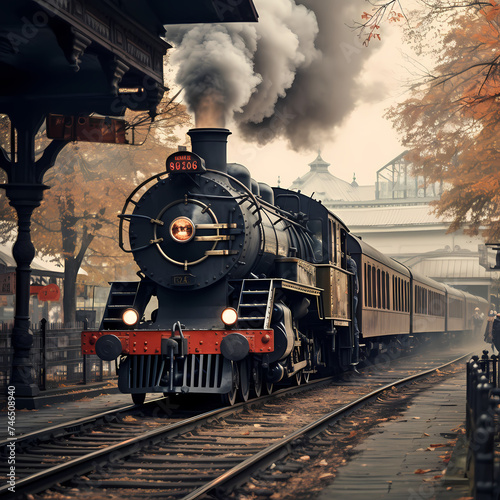 A vintage train station with a steam locomotive.