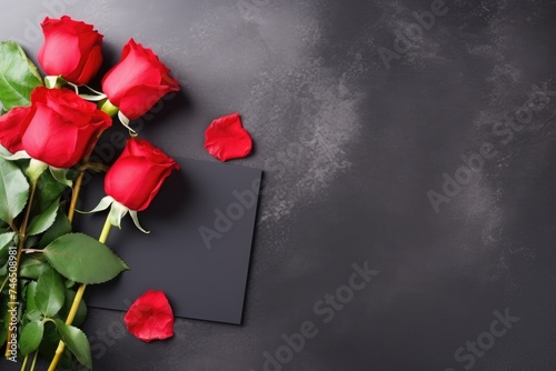 A luxurious bouquet of vivid red roses rests on a dark stone surface, petals strewn with artistic flair. Elegant Red Roses Bouquet on Dark Stone