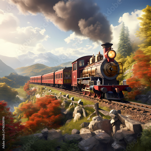 A vintage train traveling through a picturesque countryside.