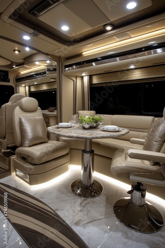 Luxurious interior inside the motorhome. The concept of a comfortable journey