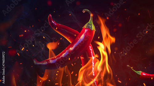 A pod of red chili pepper burns in a fire on a dark background.