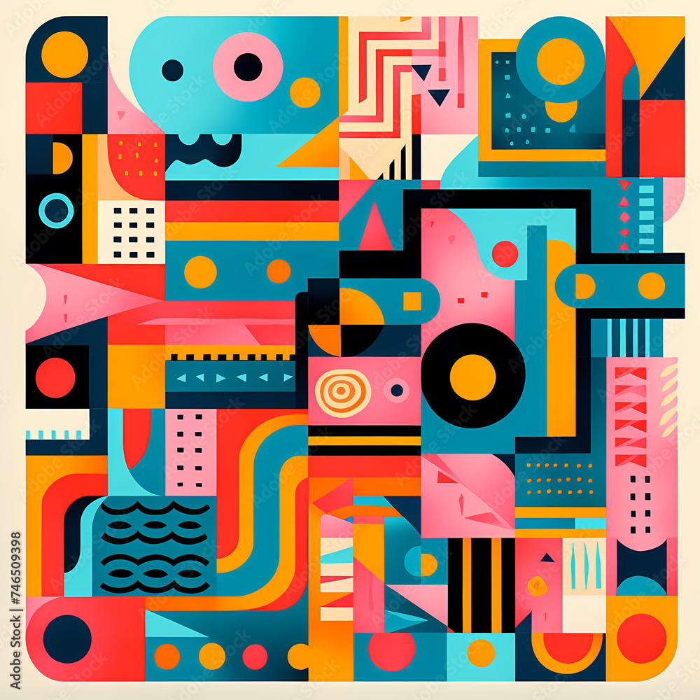 Abstract geometric patterns in bold colors. 