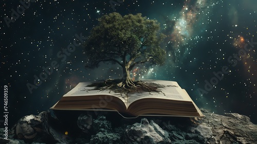 an open book with a tree growing from it on a black galaxy background. Generative Ai