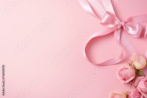 A pink ribbon forms a heart with elegant gift boxes and a single rose, symbolizing a romantic gesture. Heart Ribbon and Rose with Gift Boxes © Оксана Олейник