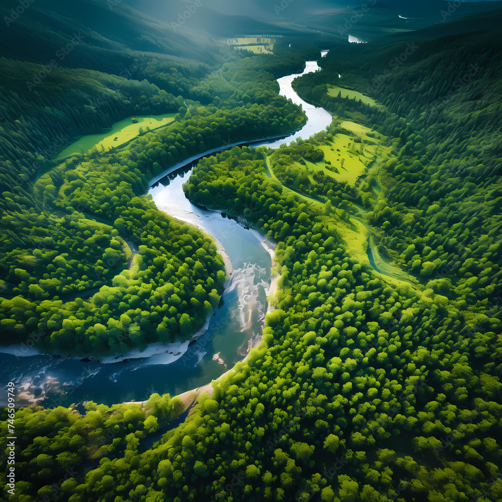 Aerial view of a winding river through a forest.