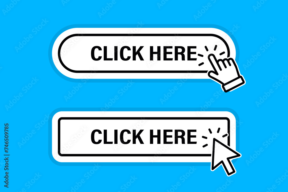Click Here Button with Click cursor. Set for action button design. Click button. Modern button with mouse click symbol. Computer mouse cursor or hand pointer symbol for UI UX website, mobile app Click Here Button with Click cursor. Set for action button design. Click button. Modern button with mouse click symbol. Computer mouse cursor or hand pointer symbol for UI UX website, mobile app