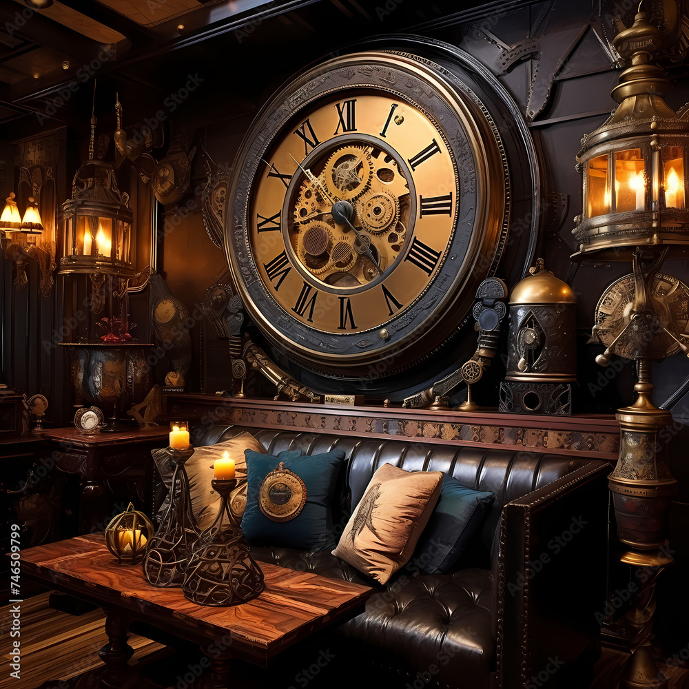 Antique clock in a steampunk-themed room.