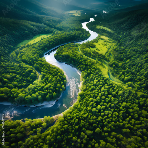 Aerial view of a winding river through a forest.