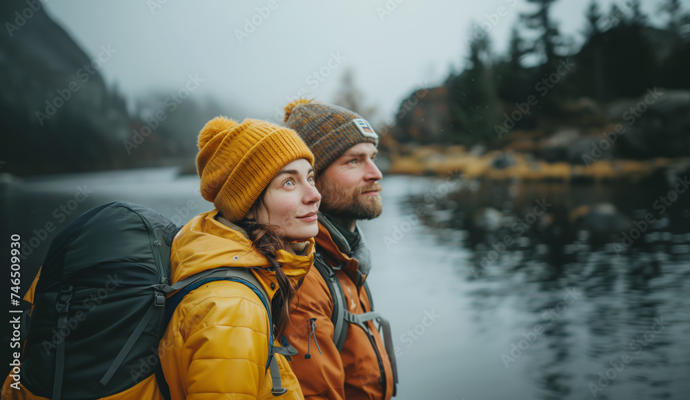 Backpackers couple with backpacks enjoying moody mountain high altitude lake views during autumnal mountain trekking in European Mountains. Active people in nature and relations concept image.
