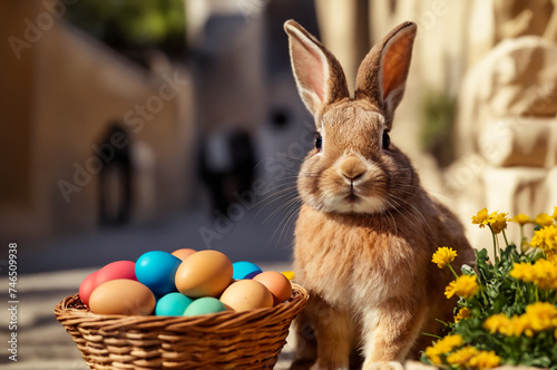 A cute rabbit is sitting next to a basket with colorful eggs. Easter in different cities of the world. Jerusalem © Yulia