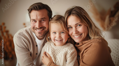 Portrait of happy family, parents and daughter smiling at camera in a modern home interior