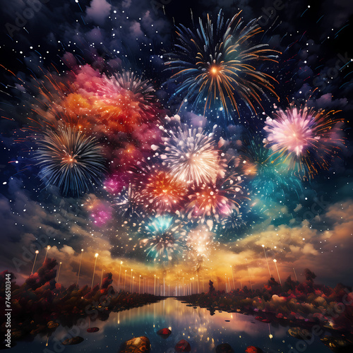 Colorful fireworks exploding in a night sky.  © Cao