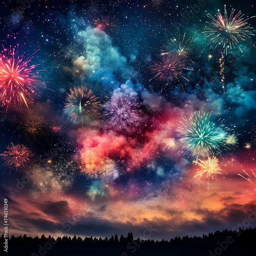 Colorful fireworks exploding in a night sky. 